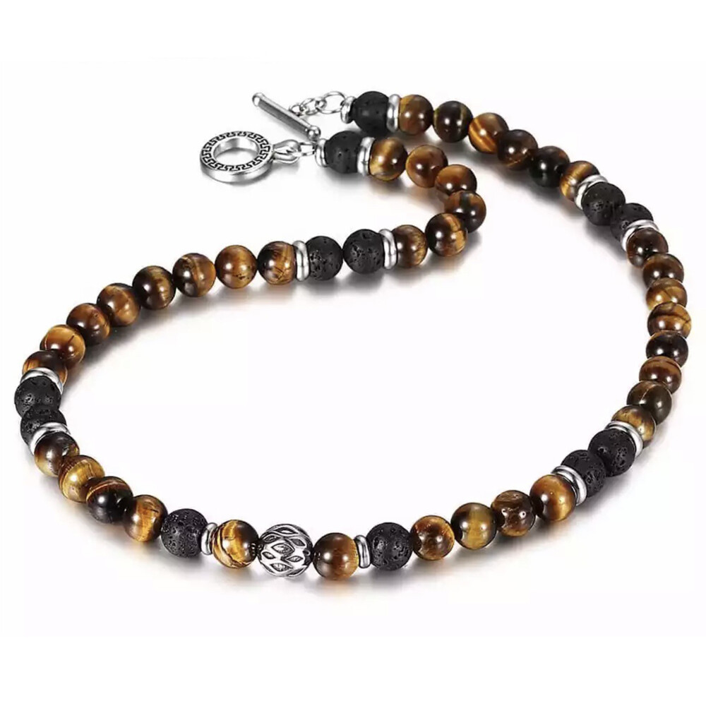 Men’s 8mm Natural Tiger Eye Lava Bead Necklace Stainless Steel Toggle 18/20/24″