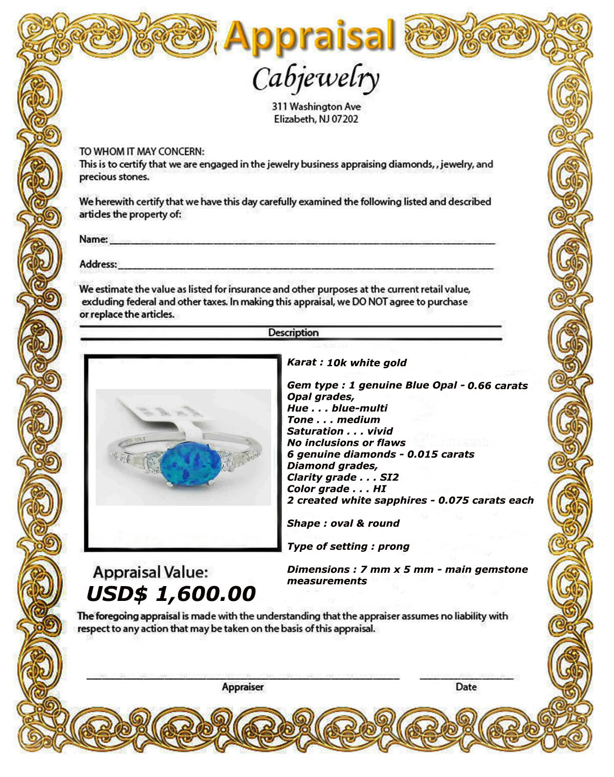 GENUINE 0.66 Ct OPAL, W/SAPPHIRE & DIAMOND RING 10K WHITE GOLD * Free Appraisal