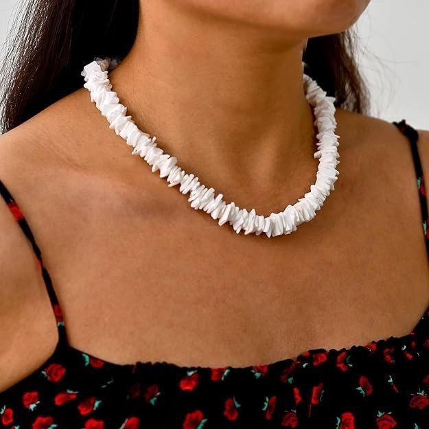 White Puka Shell Necklace – Hawaiian Style Clam Chip Surfer Necklace 16 in-19 In
