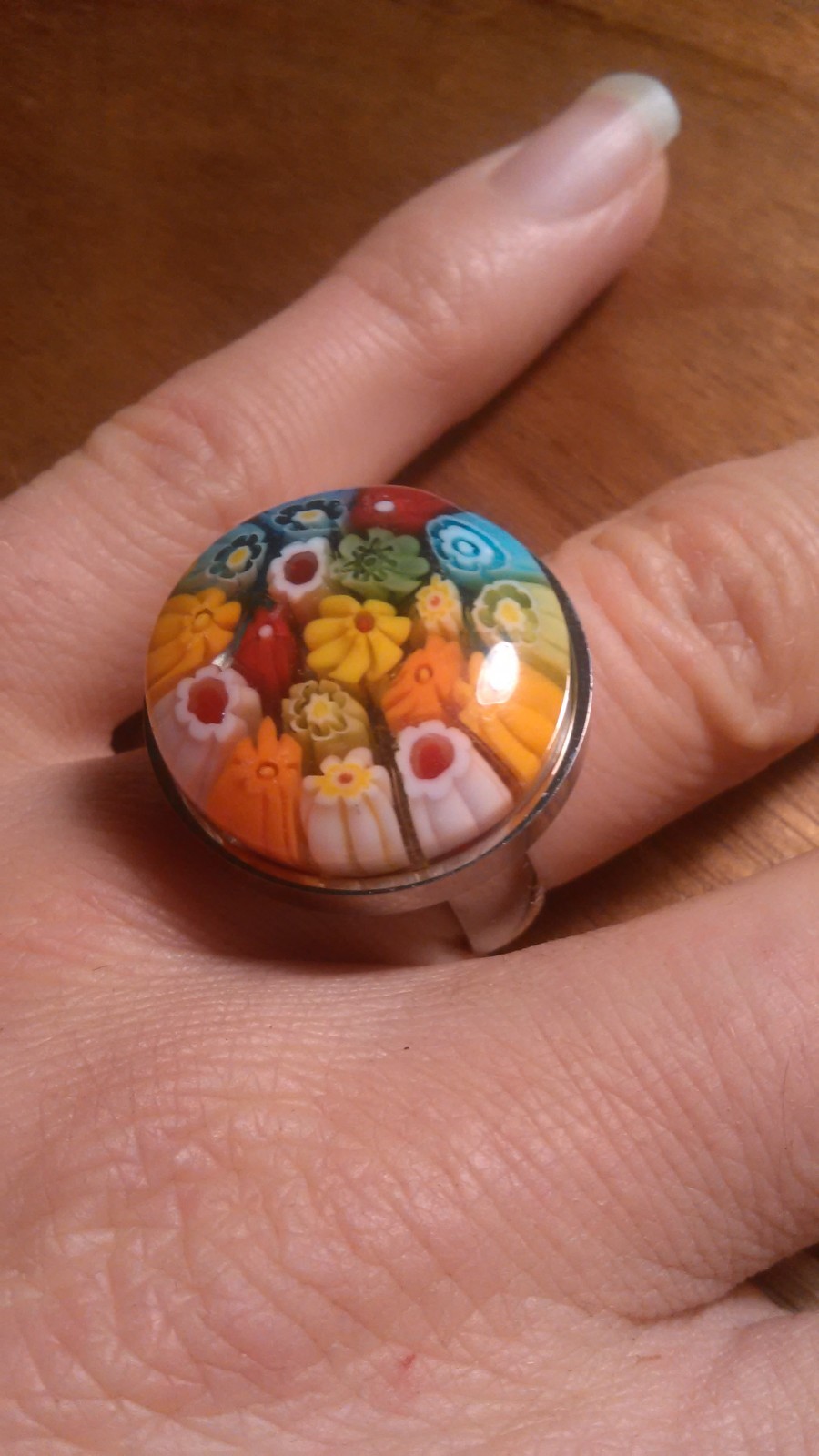 Multi Color Murano Style Glass Stainless Steel Ring (Size 7)