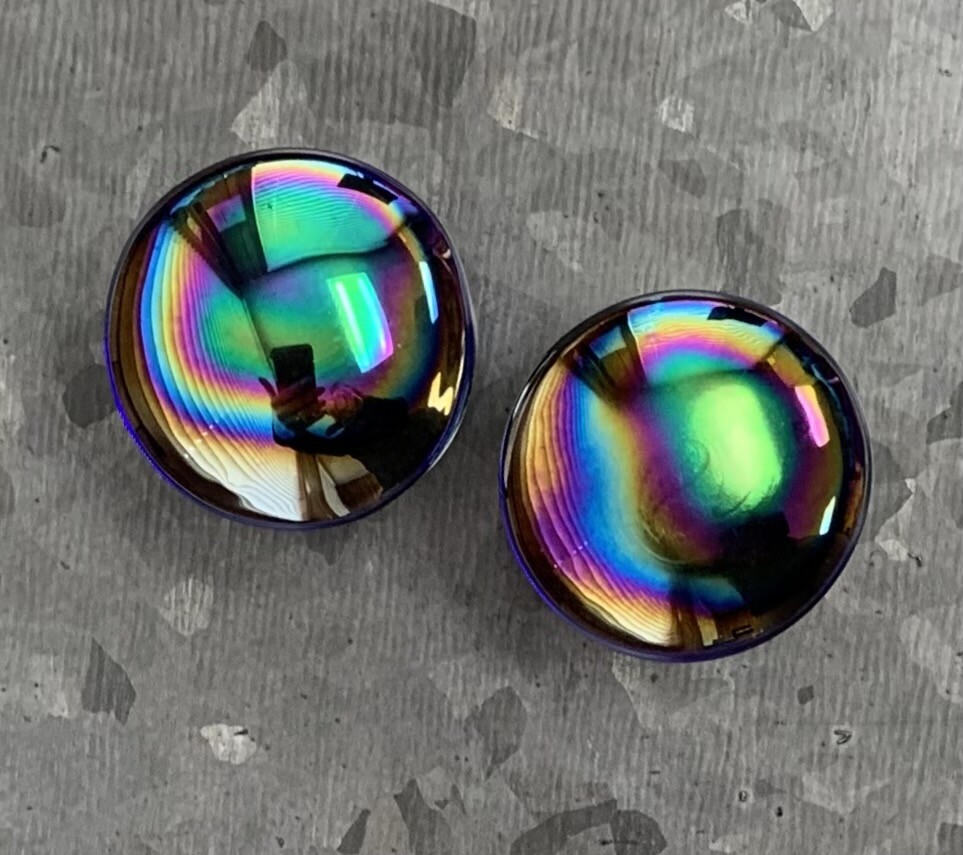 PAIR Oil Slick Design Pyrex Glass Double Flare Plugs Gauges Body Jewelry