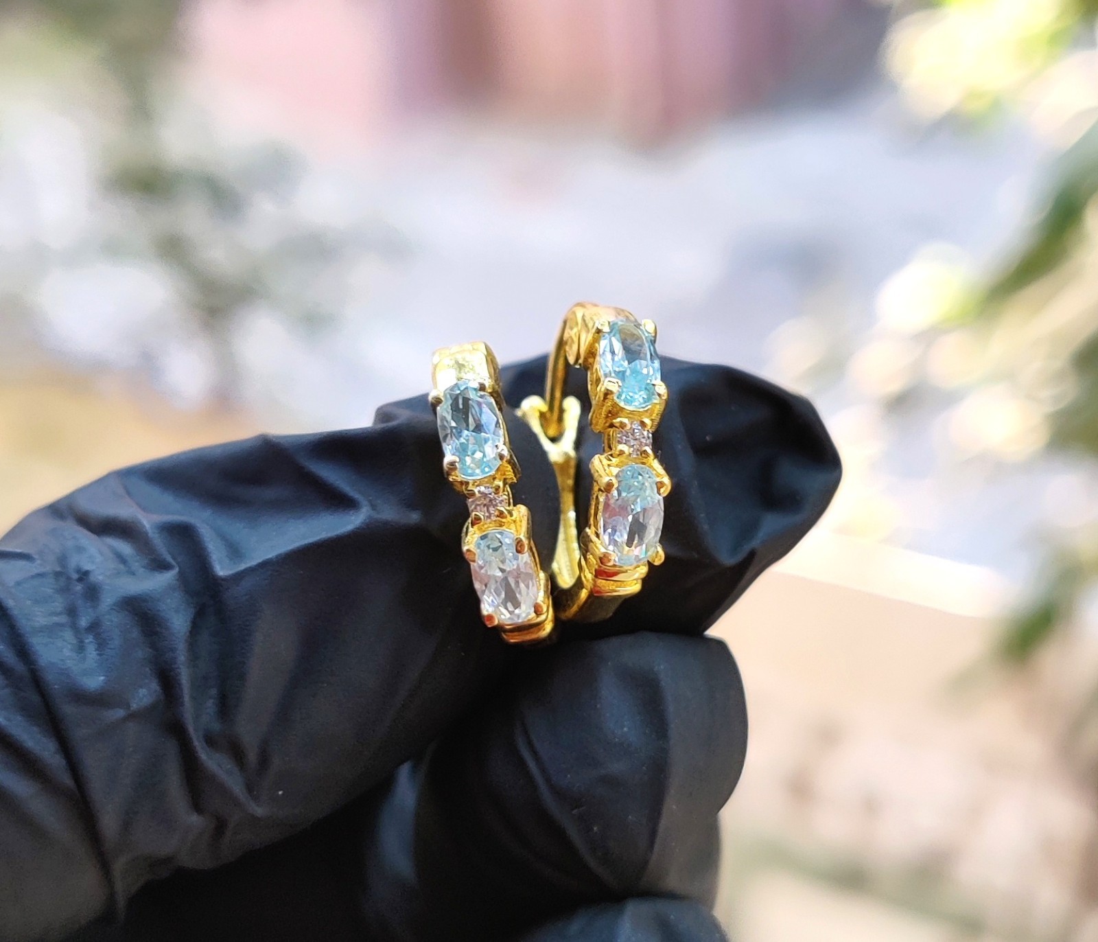 2Ct Oval Cut Lab Created Blue Topaz Hoop Earrings 14K Yellow Gold Plated Silver