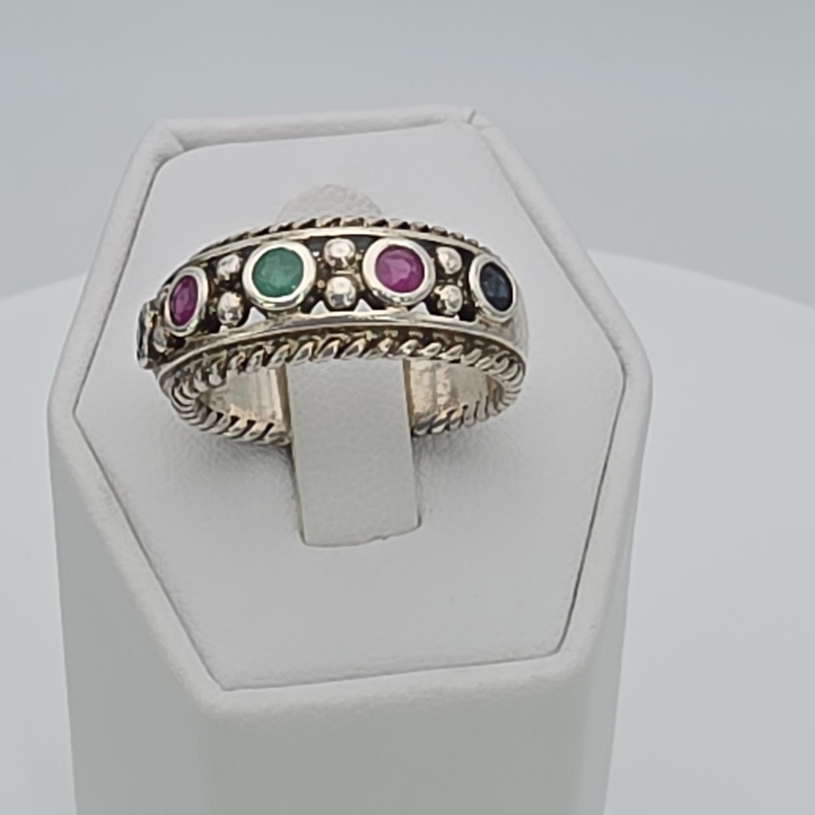 Vtg PRANDA Genuine Ruby Emerald Sapphire Ring 925 Sterling Silver Thailand Sz 8