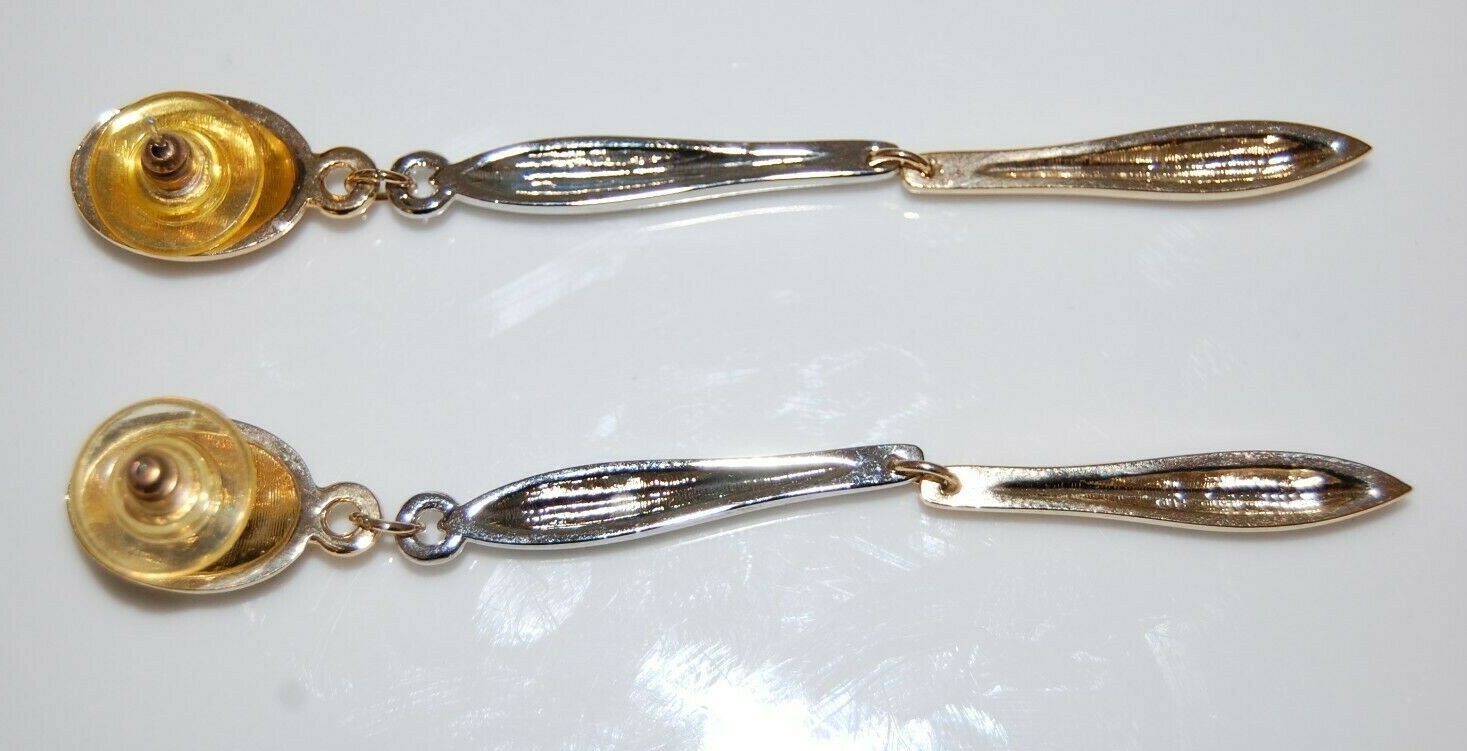 Elegant Vtg 80 Couture Silver & Gold Toned Metal Modern Style Drop Post Earrings
