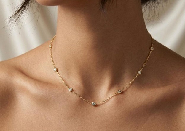 Lab Grown Diamond Station Necklace, 14K Solid Gold Diamond