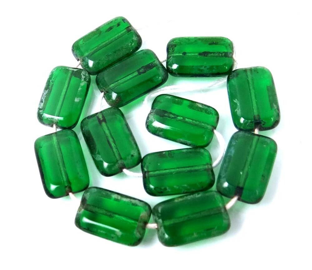 12x8mm Czech Glass Rectangle Beads Green Emerald – Picasso (12)