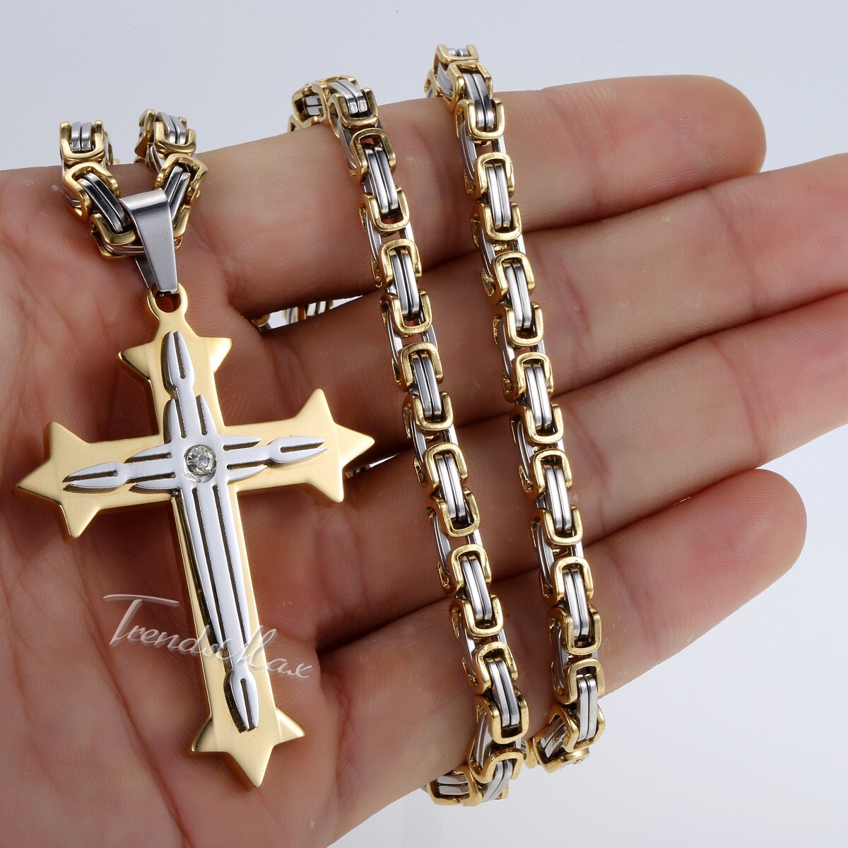 Silver/Gold Plated Mens Chain Cross Byzantine Stainless Steel PENDANT NECKLACE