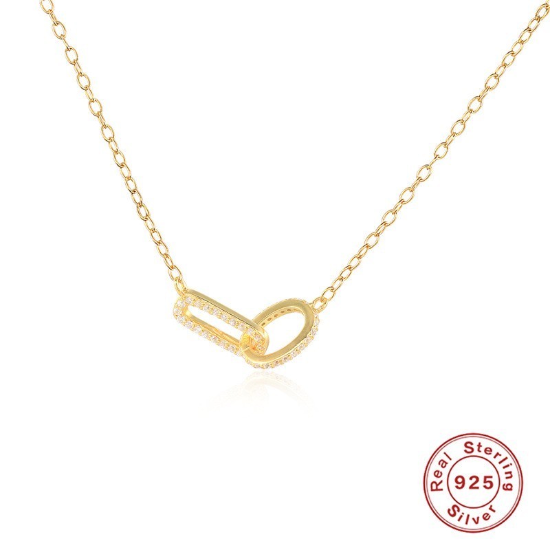 Gold Plated 925 Sterling Silver CZ Interlocking Link Necklace for Women