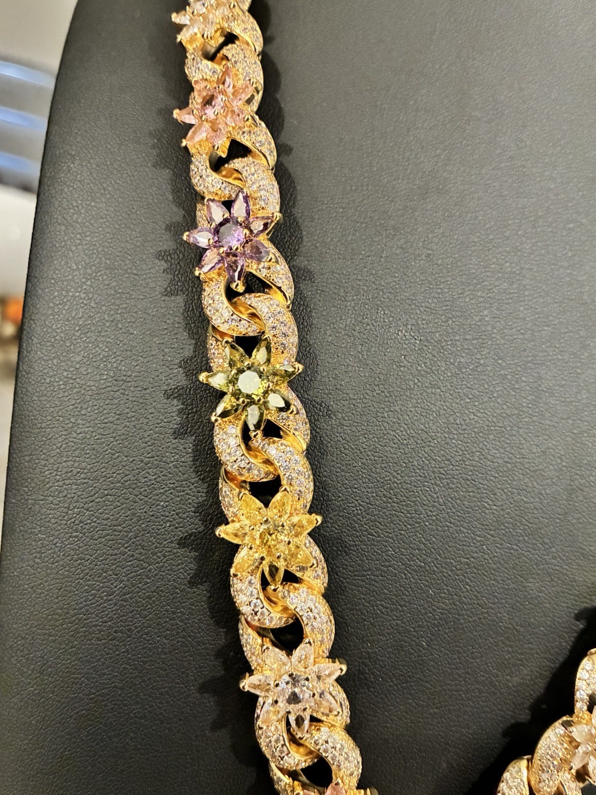 Yellow Gold Plated Cross Silver Cross Purple Yellow Pink Flowers Chain Necklace