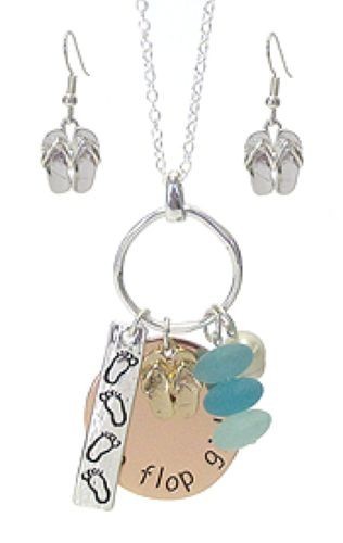 Beach Theme Sea Glass Pendant Necklace Silver Mixed Metals Earrings Sets Anklet