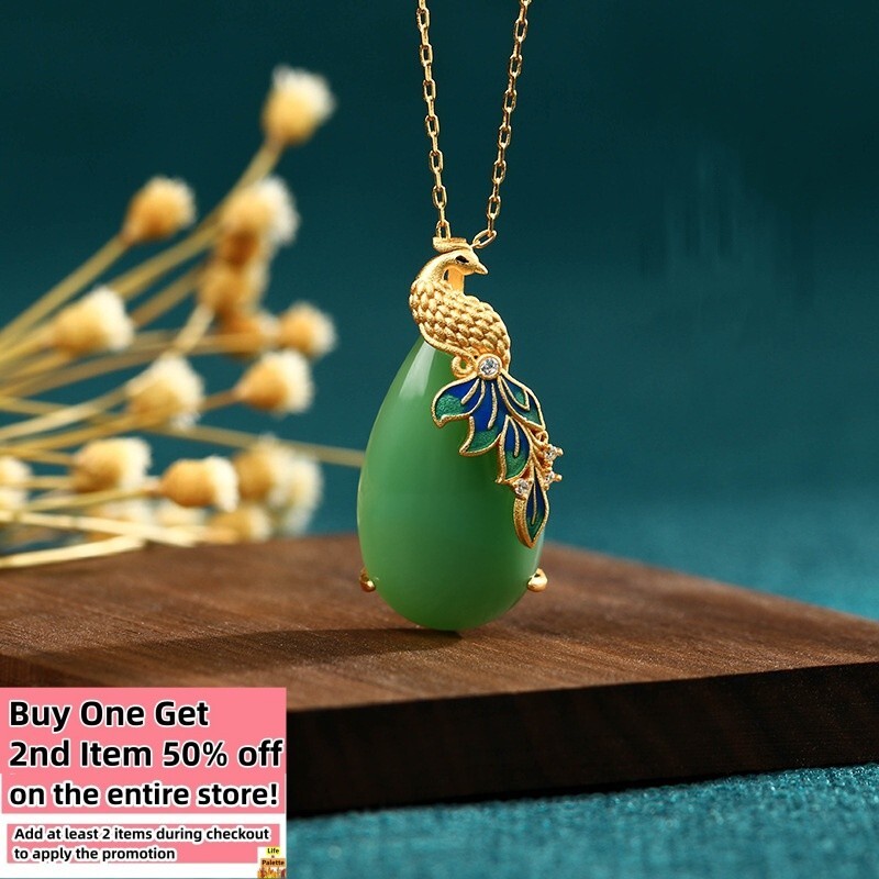 Jade Pendant Necklace Charm 18K Gold Plated Chain Phoenix Bird Dainty Gemstone