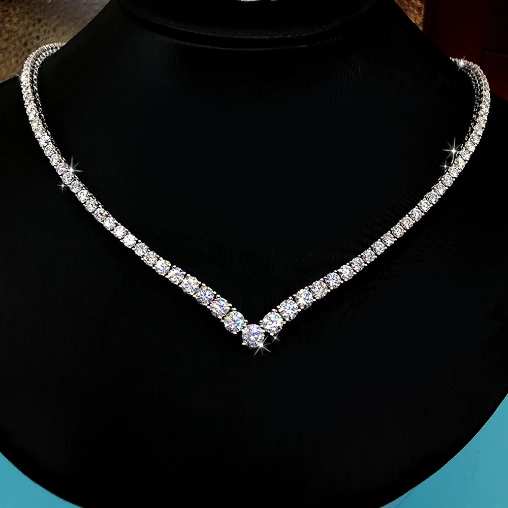 V-shaped All Moissanite Diamond Tennis Necklace with Gra for Women 925 Silver