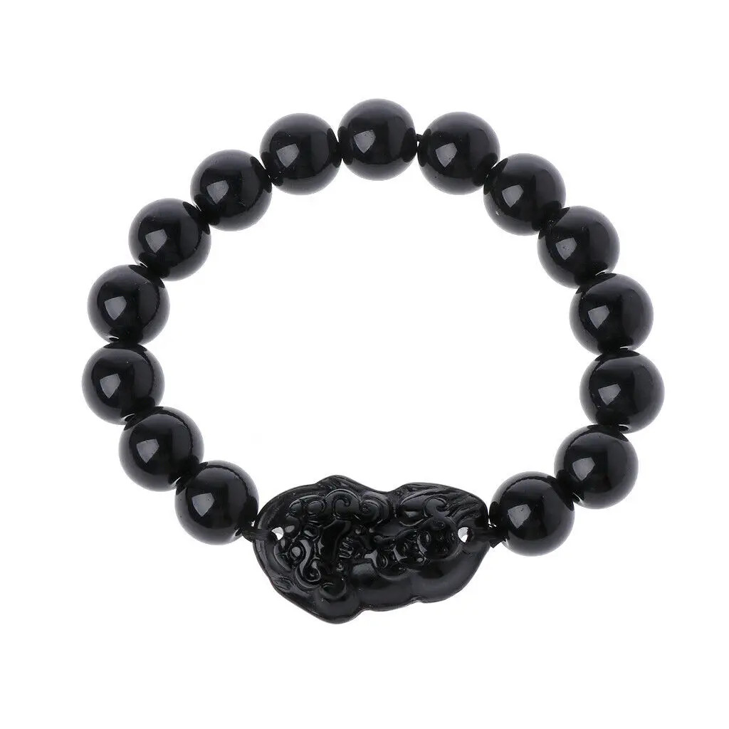 Pixiu Black Obsidian Stone Beads Bracelet Chinese Fengshui Good Luck Wealth For