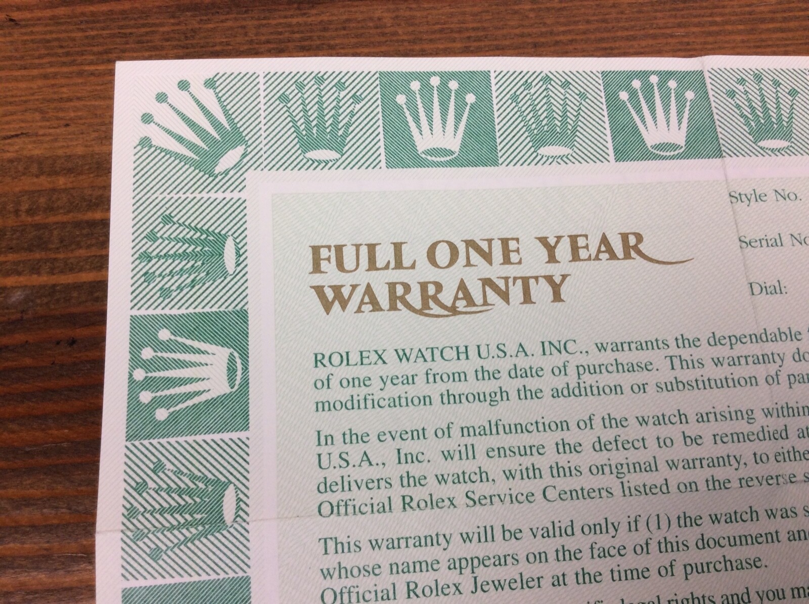 ROLEX 2001 FULL ONE YEAR GARANTIE PAPER 568.06 4U + FREE SHIPPING