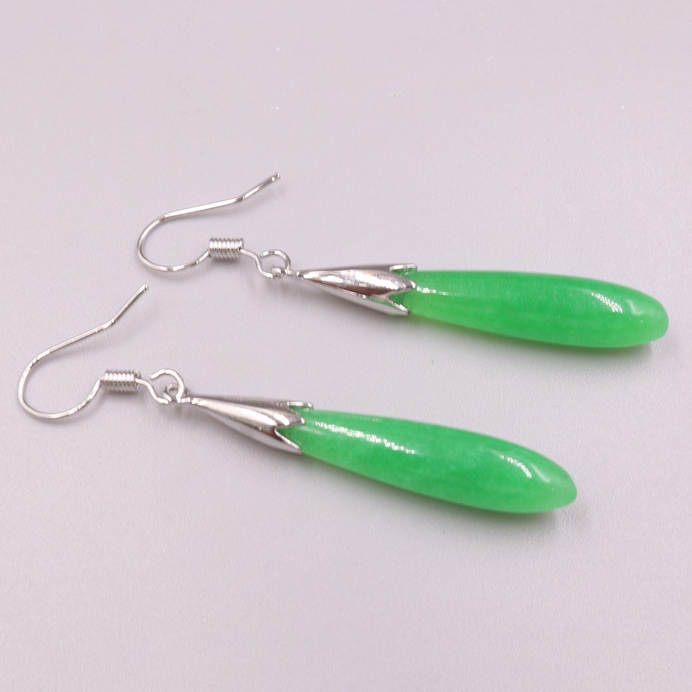 Gold Plated Alloy Heated Green Jade Long Charm Dangle Earrings 50mm H