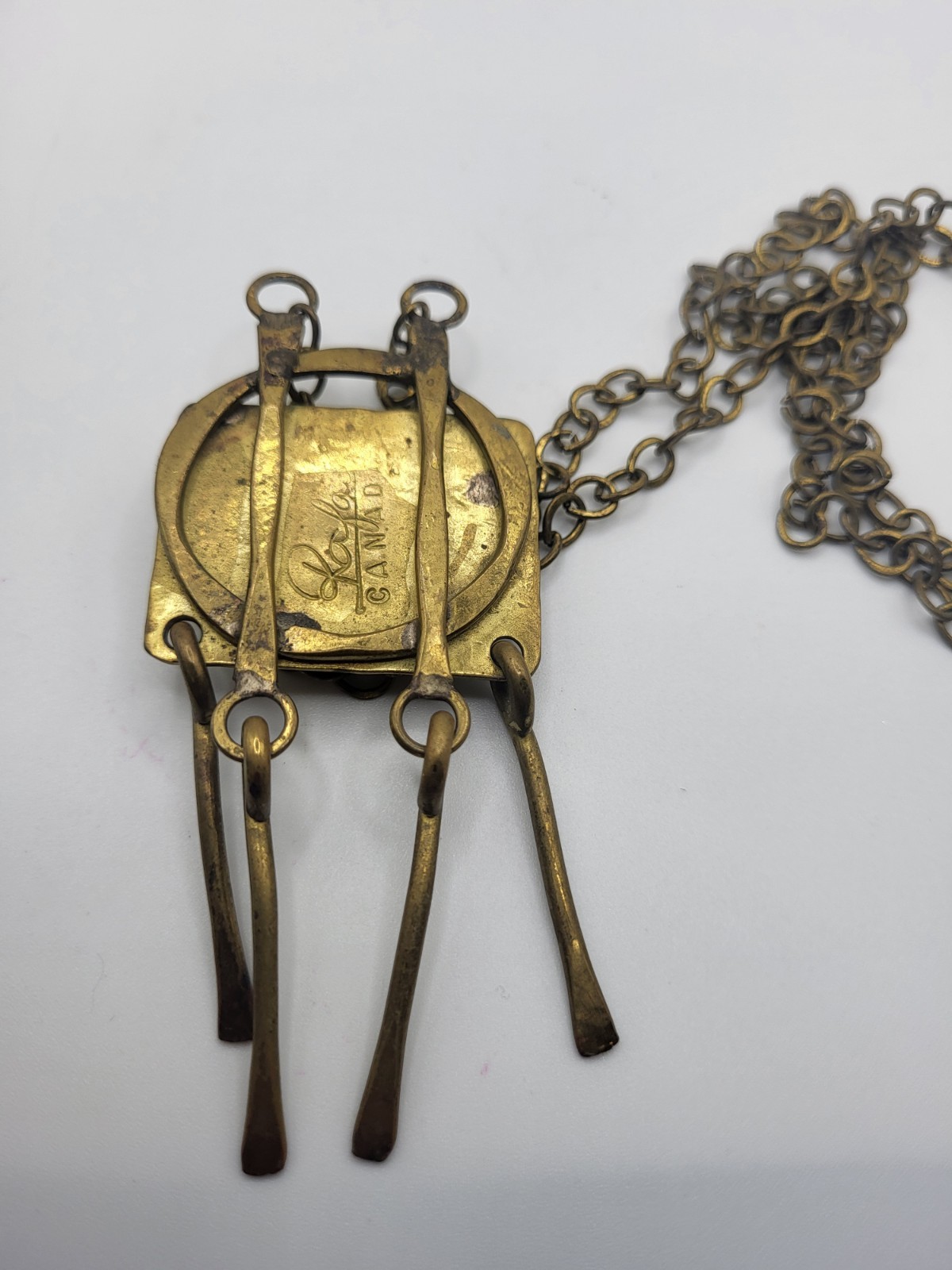 Rafael Canada Signed Gold Tone Clear Glass Brutalist Statement Pendant Necklace