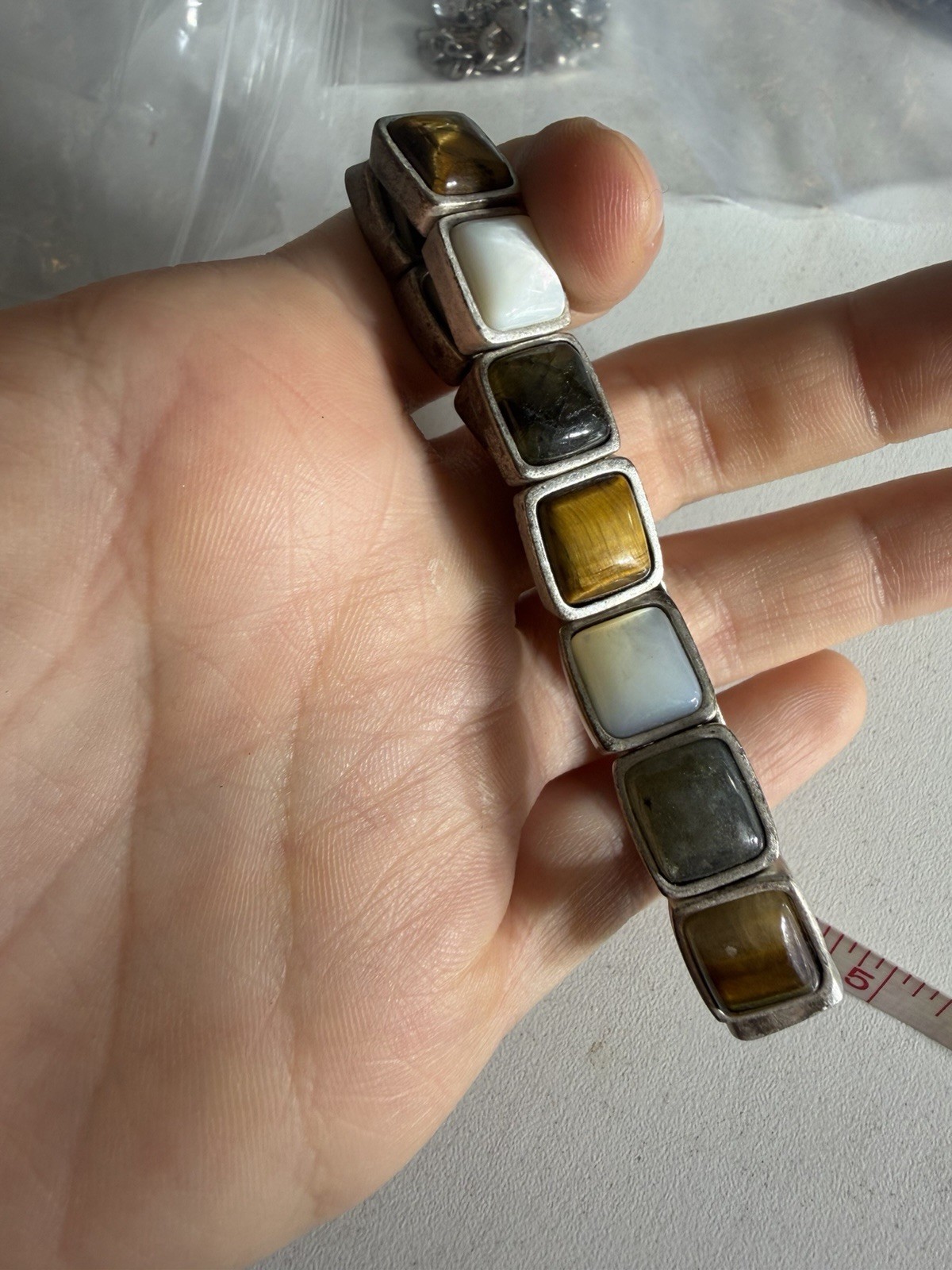 Silver Tone Stretch Link Bracelet Square Multicolor Stones Bezel Set 7 in