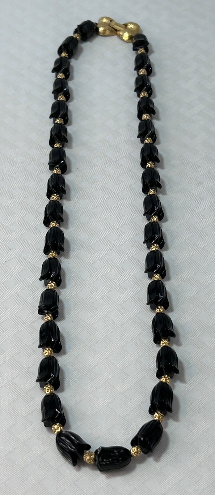 Vintage Black Tulip Shaped & Gold Bead Granny MCM Special Occasion Necklace