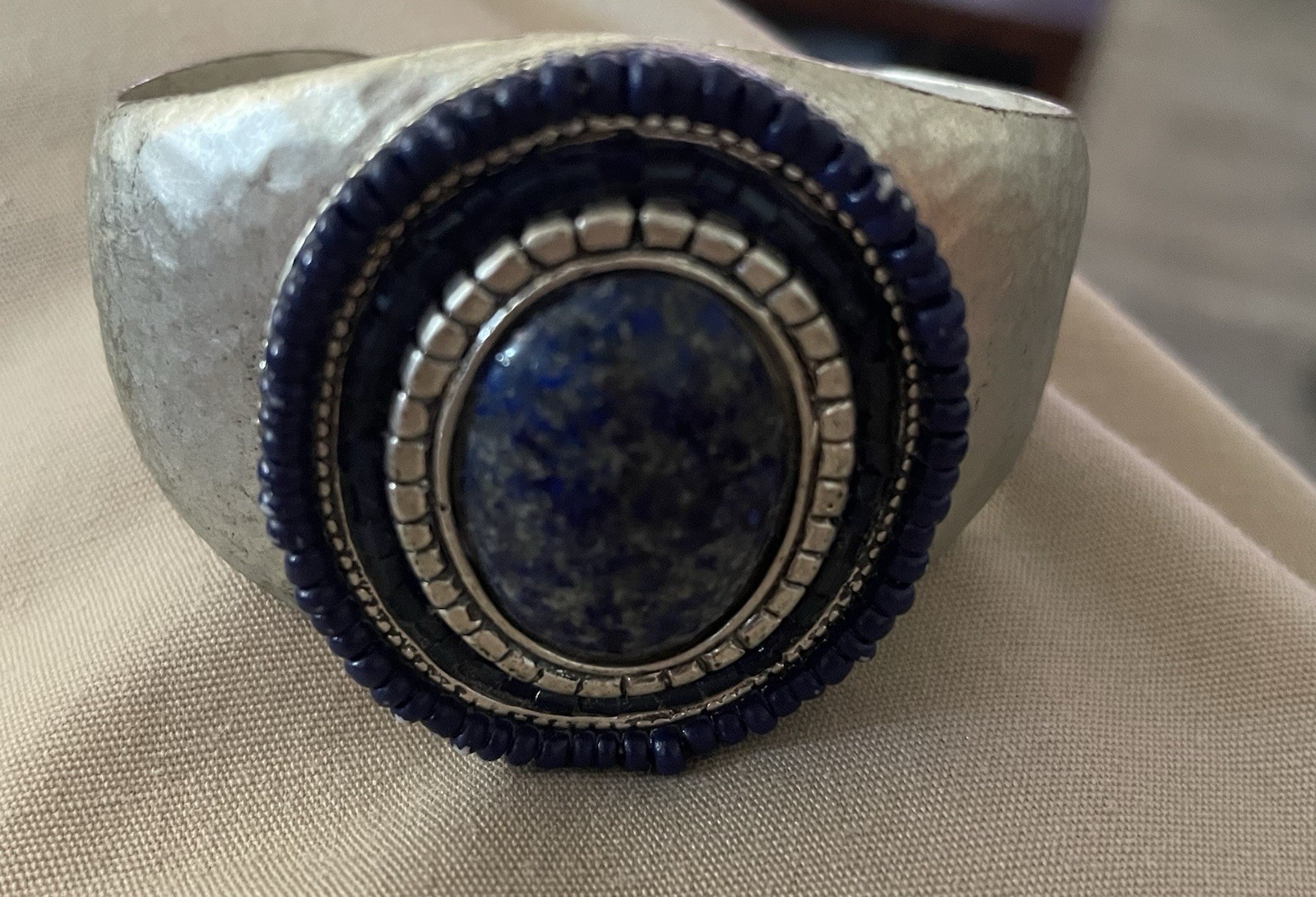 Chico’s Blue Stone Wide Cuff Bracelet Silver Tone Hammered
