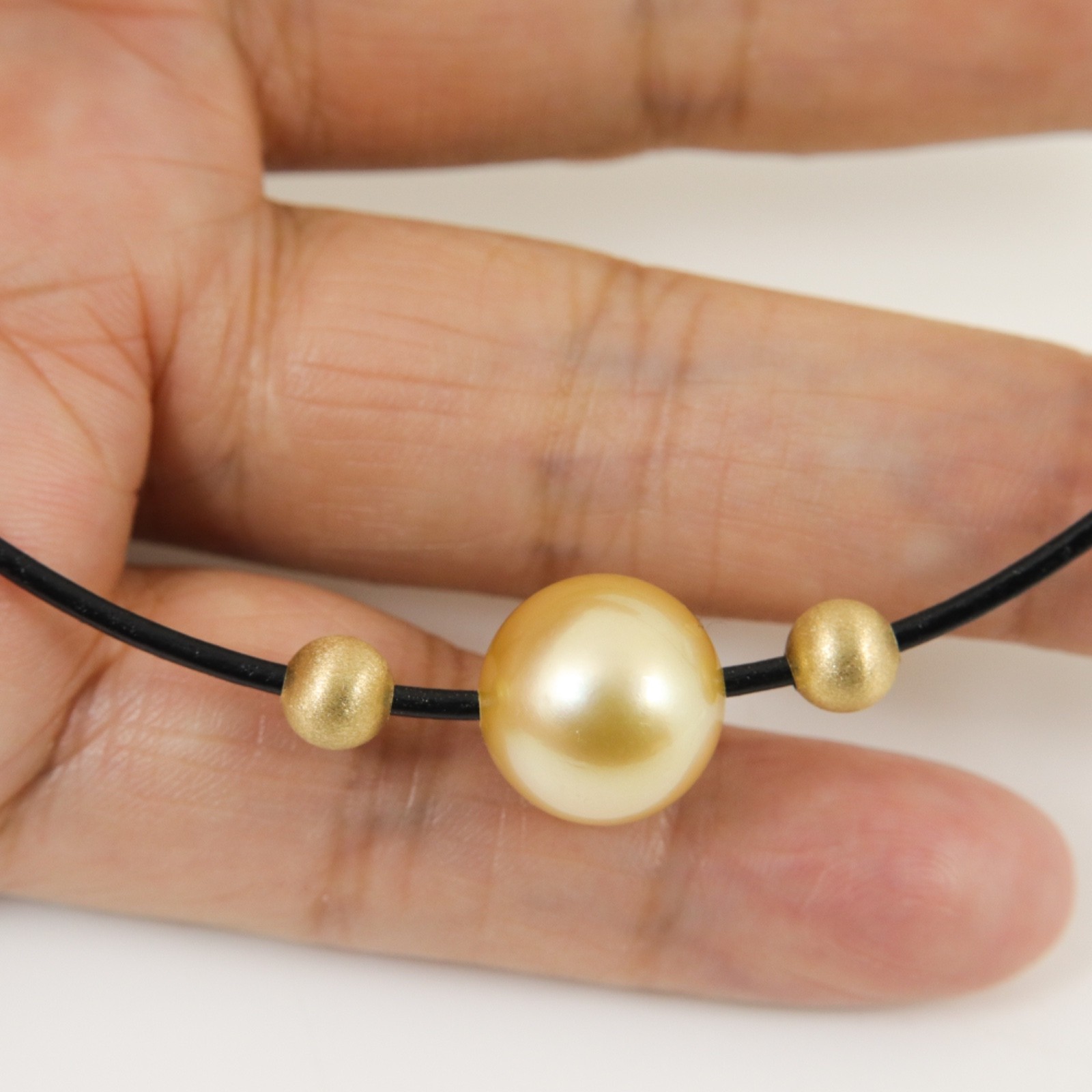 13.3mm Genuine Golden South Sea Pearl Leather Necklace, Solid 14K Gold #105LN