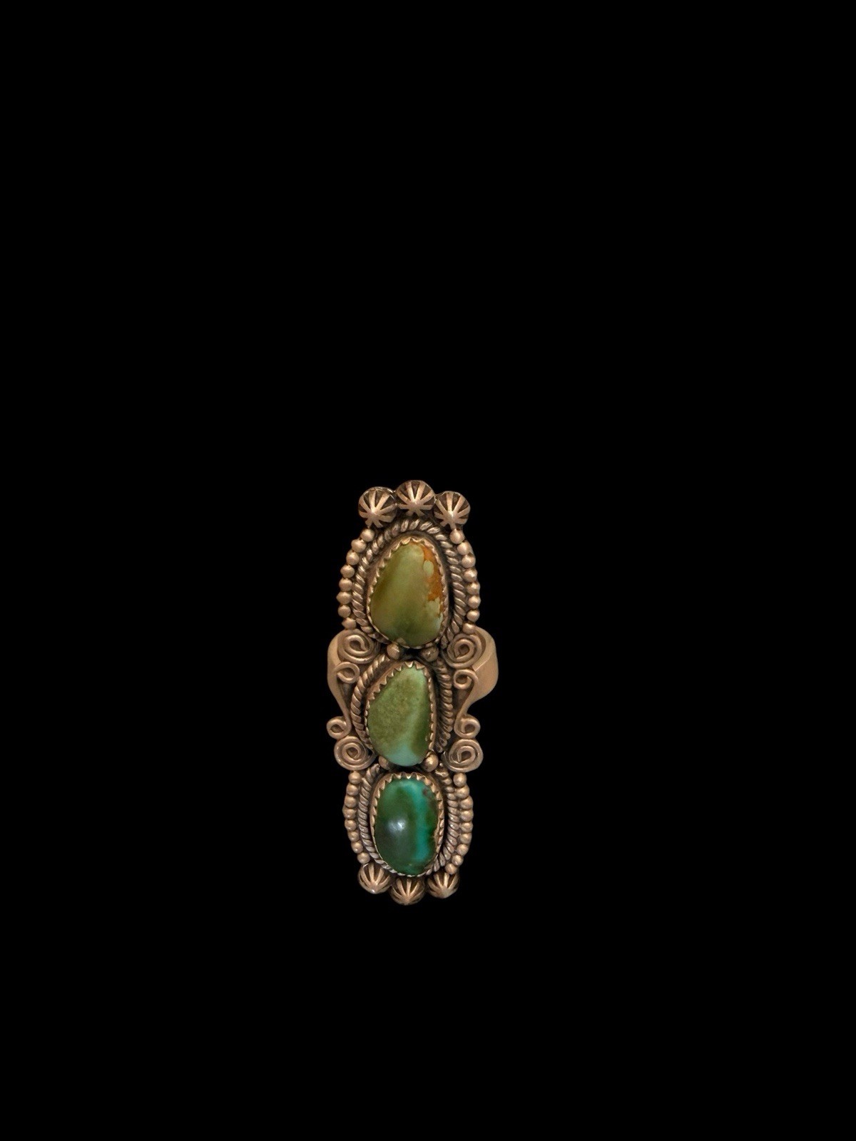 Beautiful Southwest Sterling Silver Triple Green Turquoise Ring See Description
