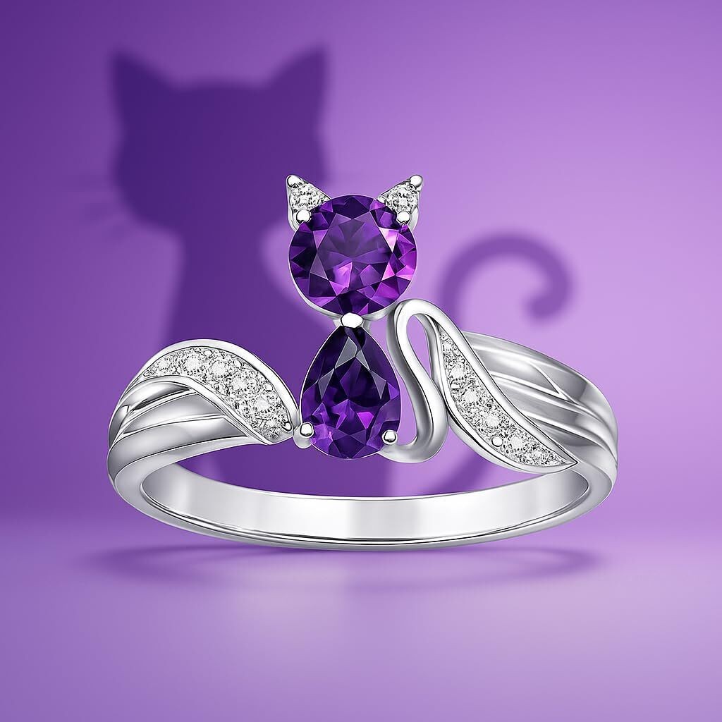 Stainless Steel Purple Crystal Cat Ring with Cubic Zirconia Accents – Glass Ring