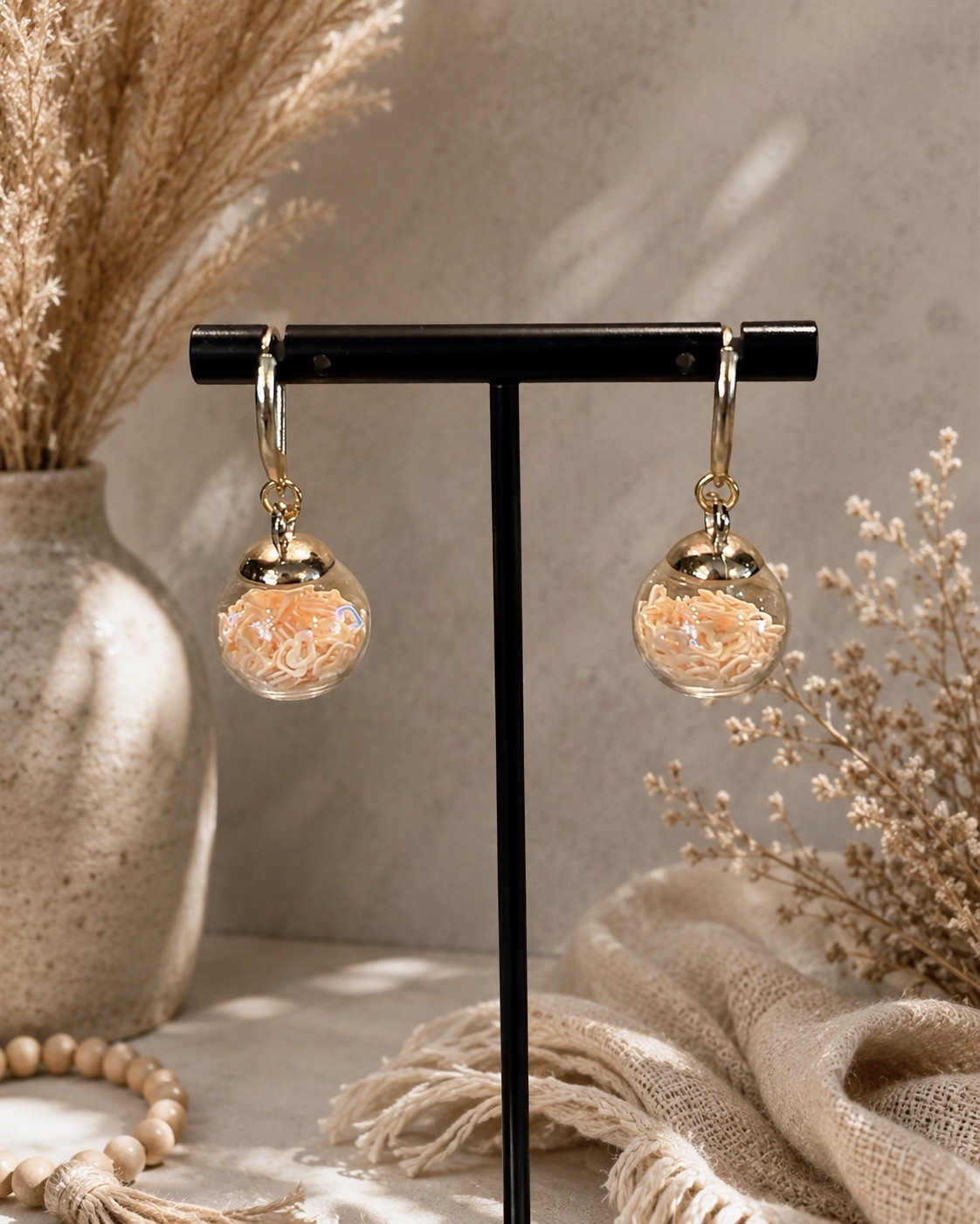 Handmade Stainless Steel Leverback Earring With Glass Globe Charm Yellow Hearts