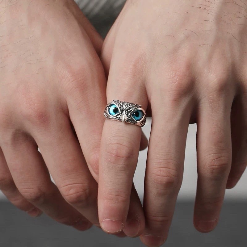 Silver Plated Blue Eye Owl Ring Women Jewelry Rings Adjustable Lab-Created B25