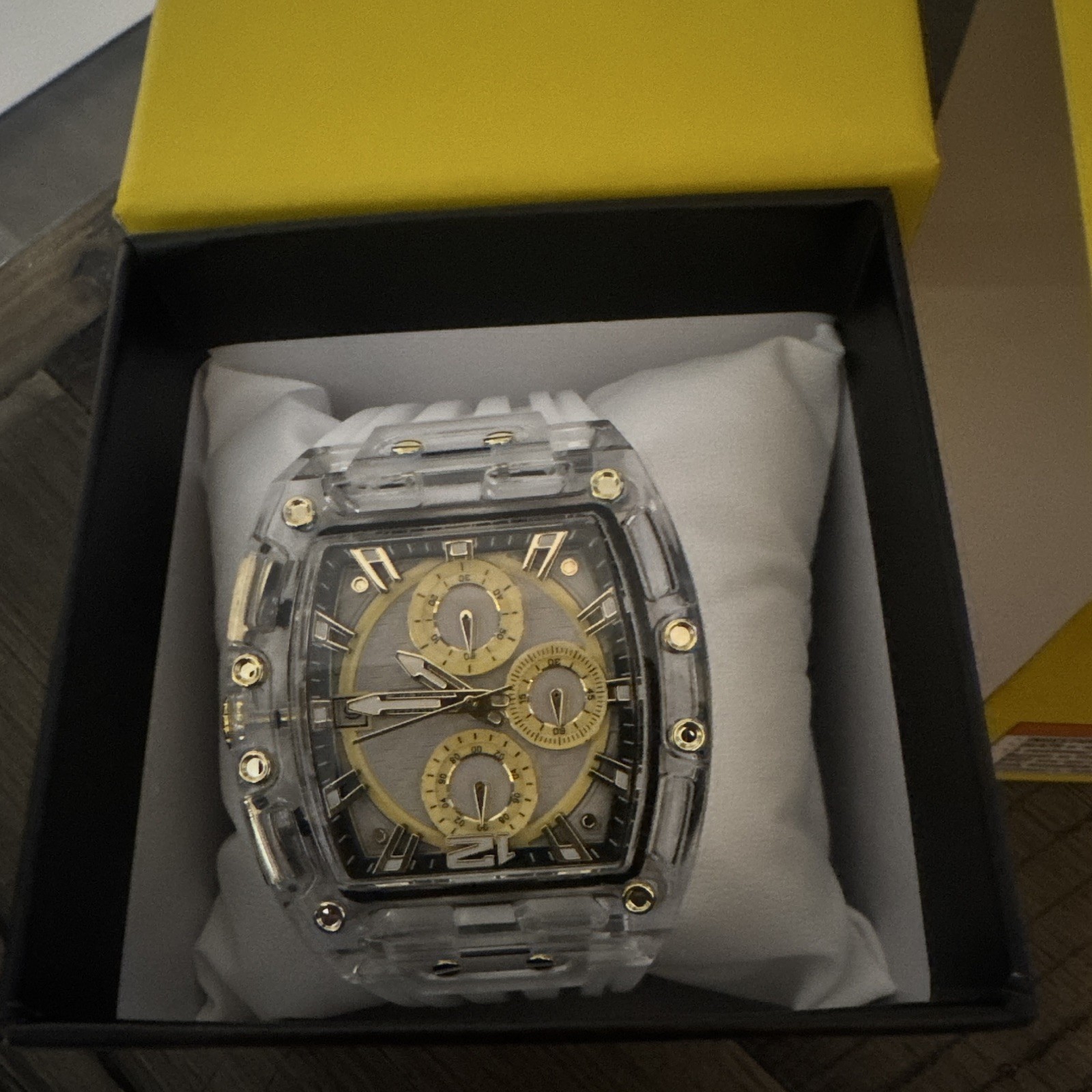 Invicta Men’s Chronograph Quartz Clear Case White Silicone Strap Gold Dial 50mm