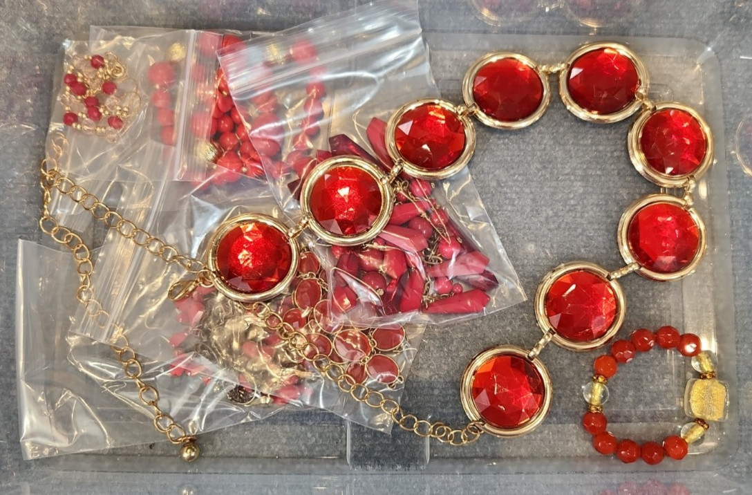 Jewelry Wearable Red & Gold Tone Collection 5 Lbs Lot #704 See Description