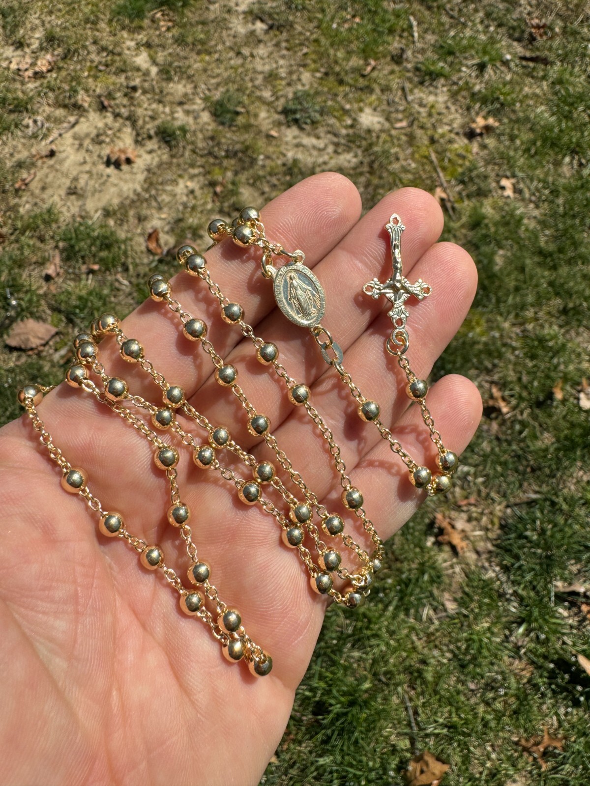 Men’s 30″ Long Rosary Beads Necklace 14k Gold Over 925 Silver Rosario ITALY 5mm