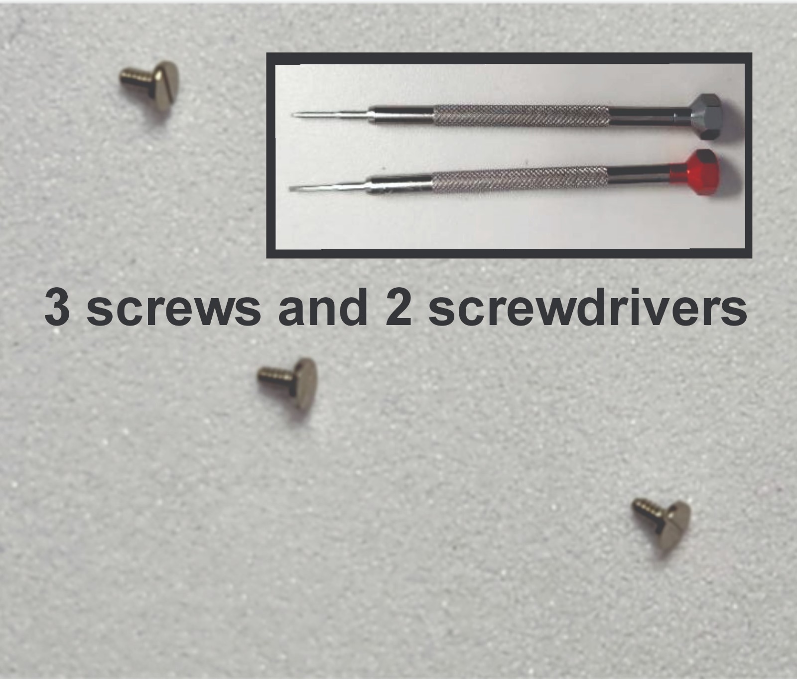 Qty 3 generic Ronda battery clamp screws B5040.D 4000/5000, putty, screwdrivers