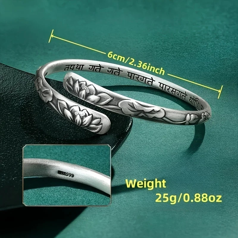 Vintage 925 Thai Silver Lotus Flower Cuff Bracelet for Women Om Mani Padme Hum B