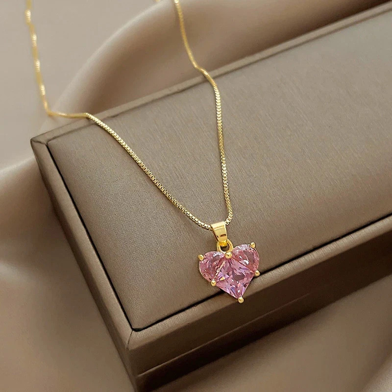Women’s Fashion Jewelry Gold Pink Rhinestone Heart Pendant Necklace Gift Her USA