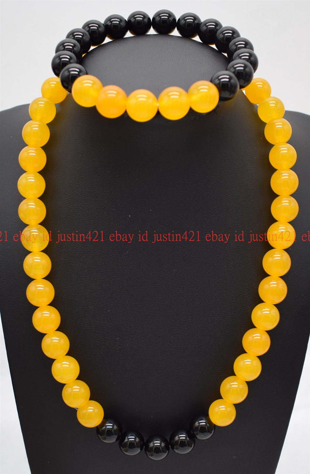 6/8/10/12mm Yellow Topaz Round Gems & Black Agate Necklace Bracelet 18/7.5″ AAA