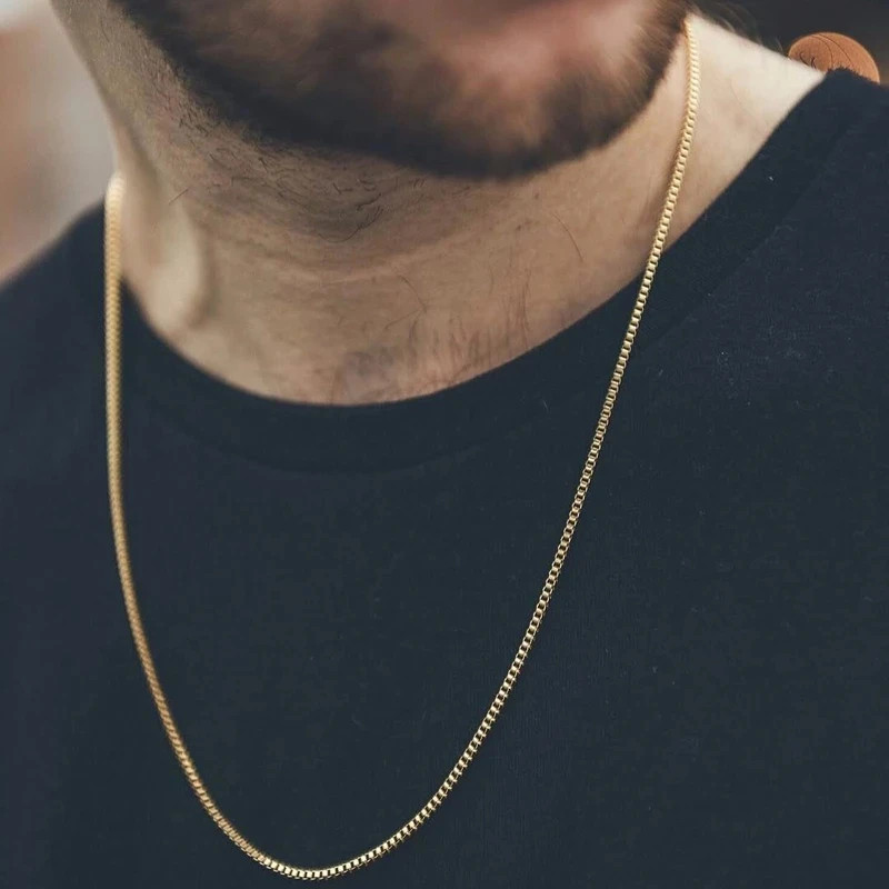 Hip Hop Necklaces For Men Stainless Steel Necklace 3MM Square Pearl Choker Gold