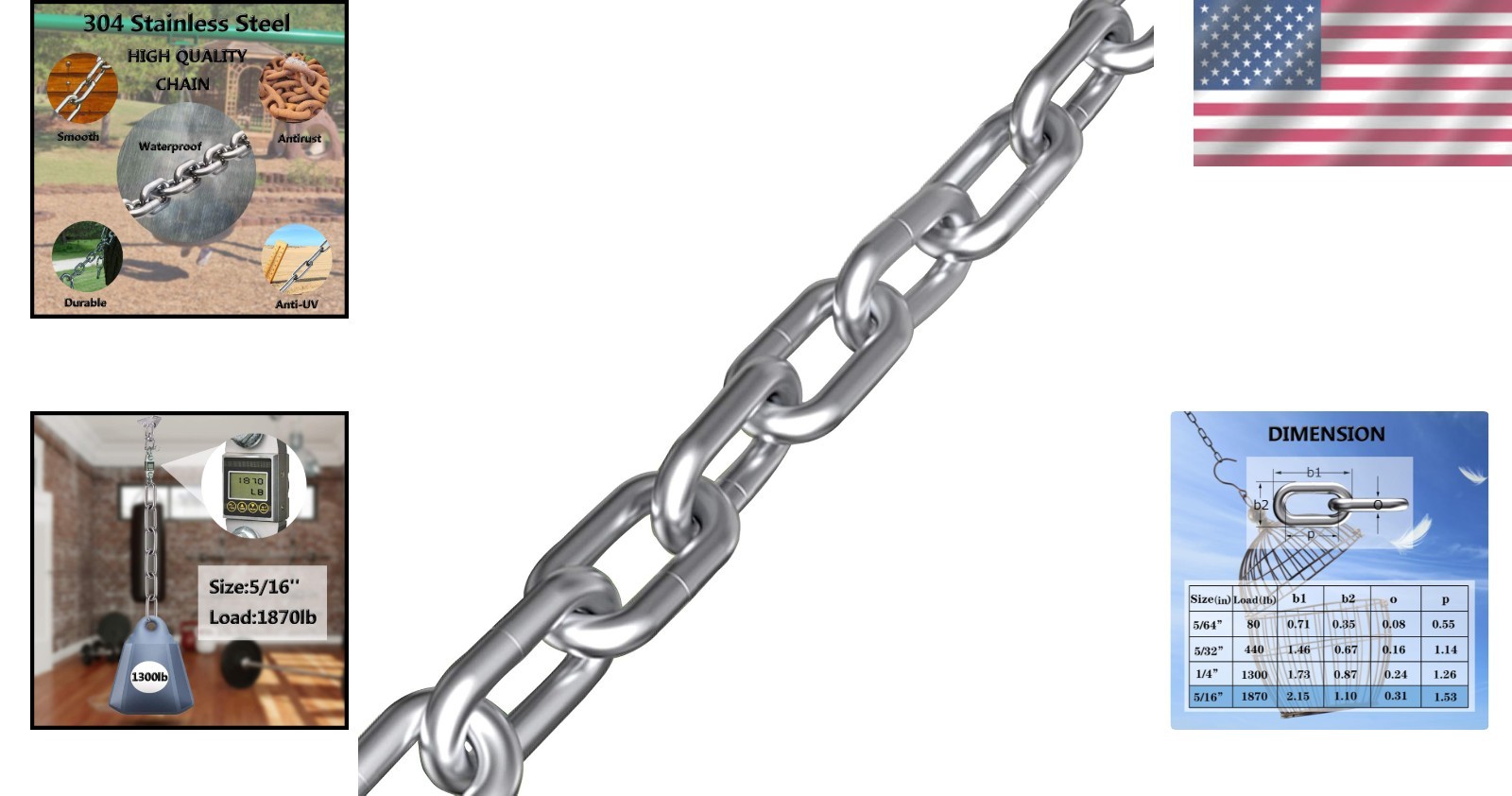 Heavy Duty Stainless Steel Link Chain, 5/16″ x 6.5ft