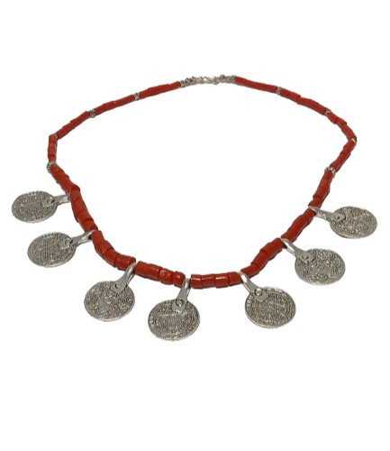 Handmade Berber Moroccan Necklace Imitation Old Coins Coral Beads Tribal Jewelry