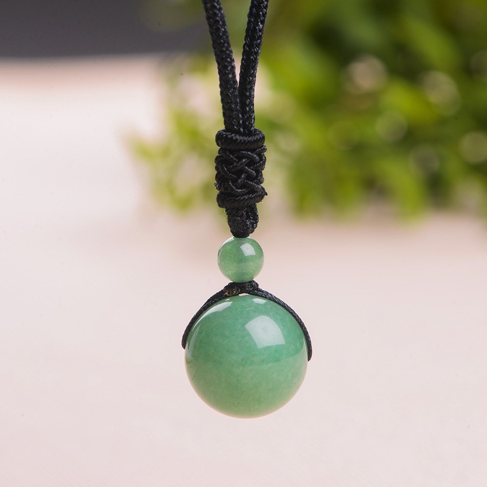 Unisex Genuine Round Gemstone Beads Pendant Necklace Green Jade Aventurine