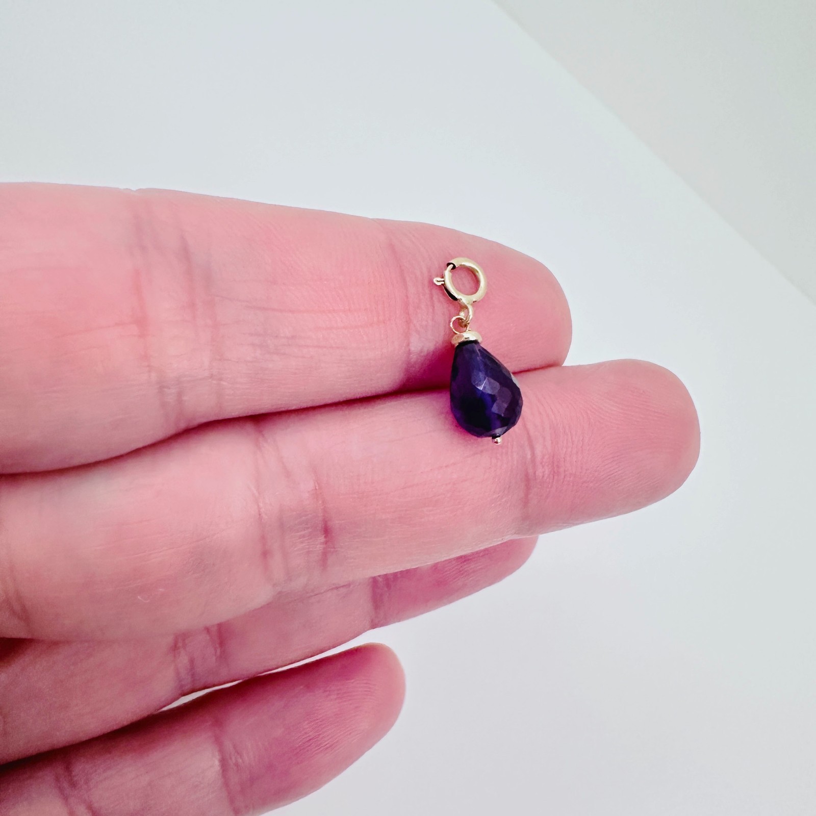 14K Solid Yellow Gold Small Amethyst Briolette Charm Pendant w/Spring Clasp