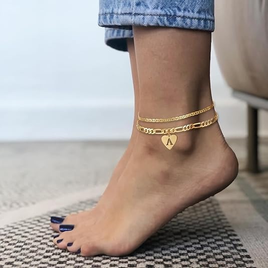 14k Gold Initial Ankle Bracelet for Women 10k Solid Gold Layered Figaro Anklets