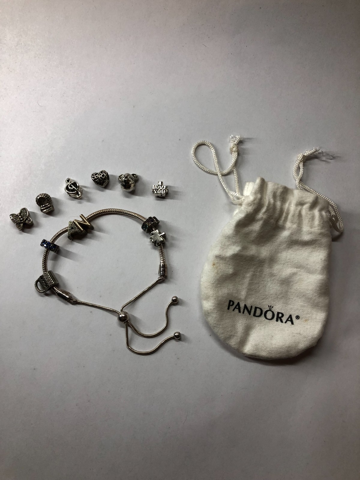 Pandora Snake Chain Slider Bracelet With Various Charms Initials N & A Carry Bag
