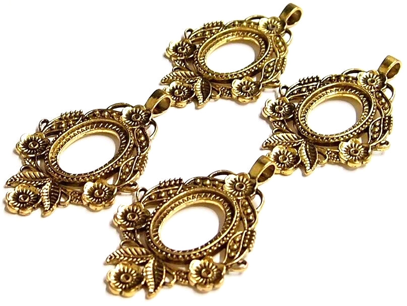 4 of 30x22mm Antique Gold Flower and Leaf Pendant Settings, 4 Cameos, Cabs Glass