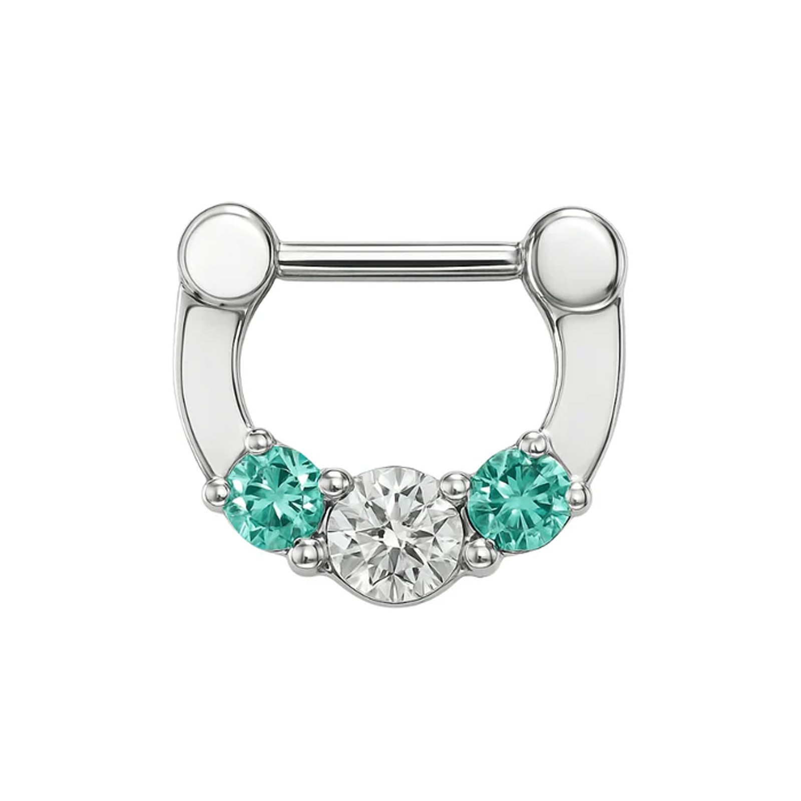 316L Surgical Steel Three Pronged White and Aqua Cubic Zirconia Clicker Ring