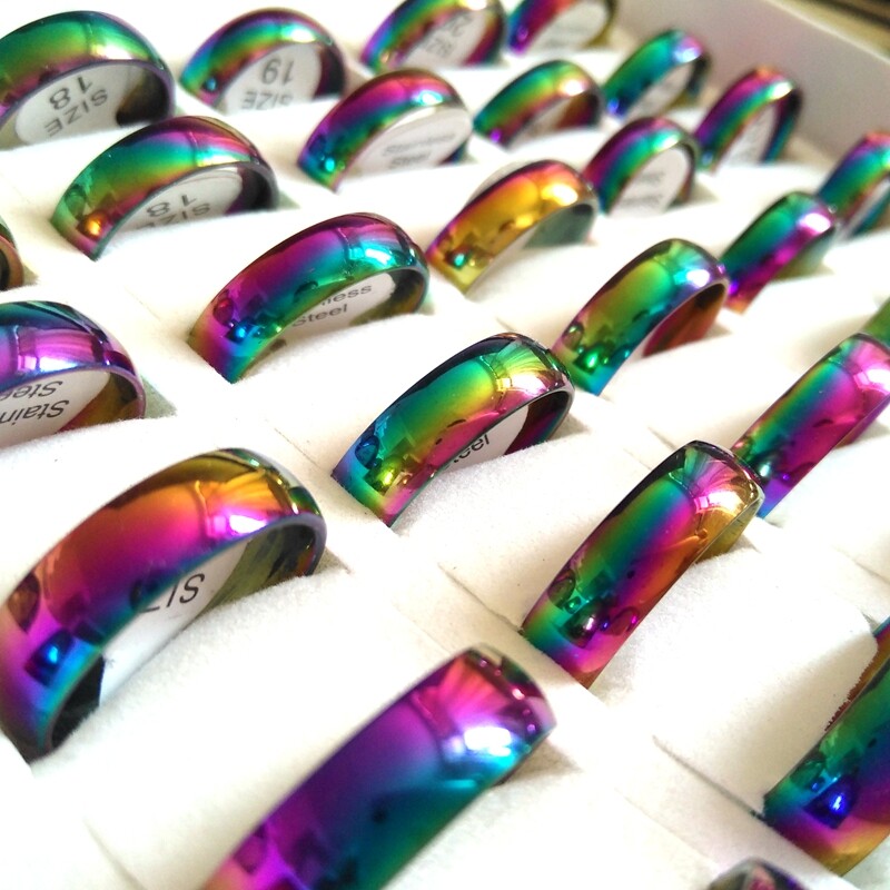 Bulk Lots 100pcs Stainless Stee 6MM Rainbow Band Ring Classic Jewelry Size Mixed