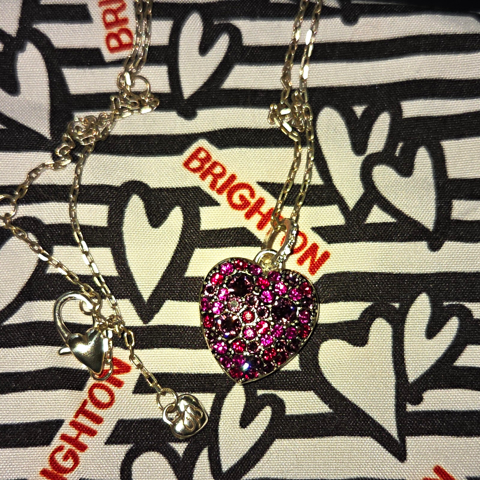 Brighton Silver Plated Reversible Signed Heart Locket Necklace Pink Crystal