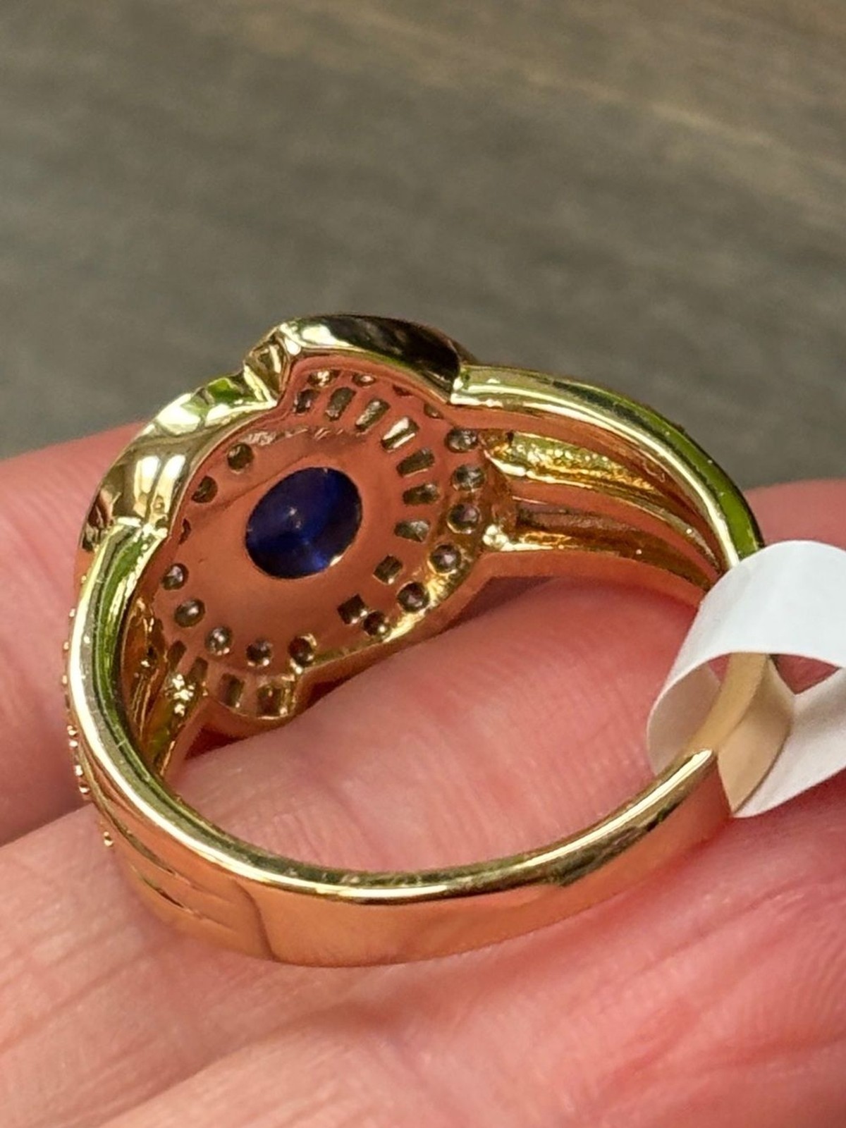 Bomb Party Gold and Blue Sapphire Halo Cocktail Ring – Size 9