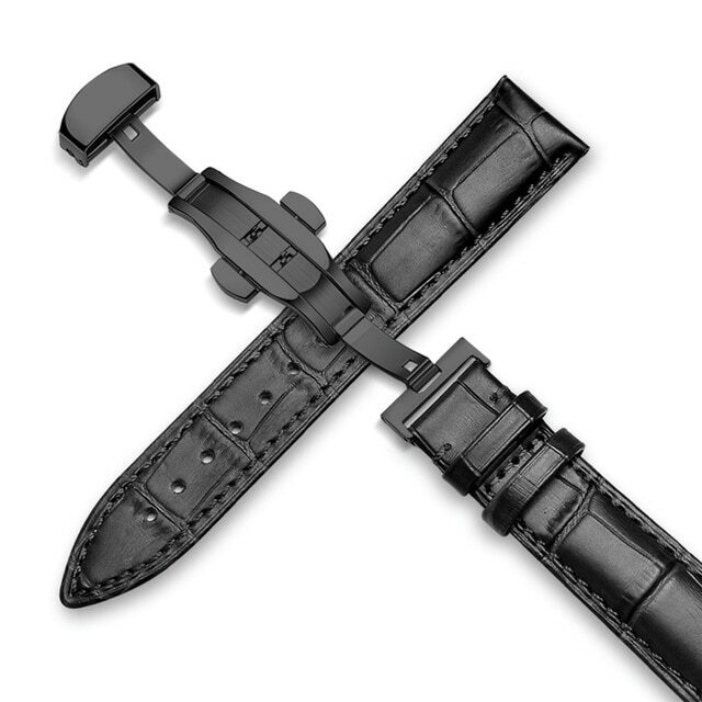 12-24MM Watch Band Strap Genuine Leather Deployment Clasp Buckle Black