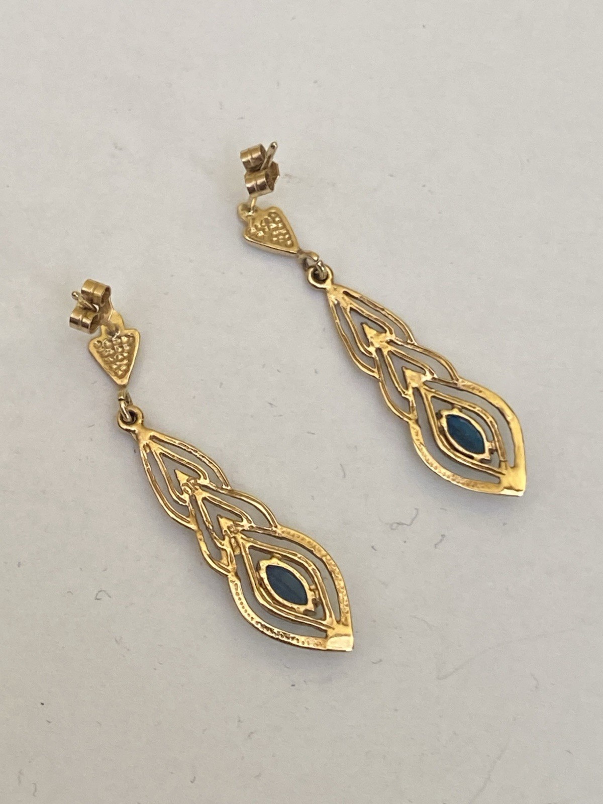 9 Carat Yellow Gold Marquise Cut Blue Spinel Earrings 3.3cm Drop