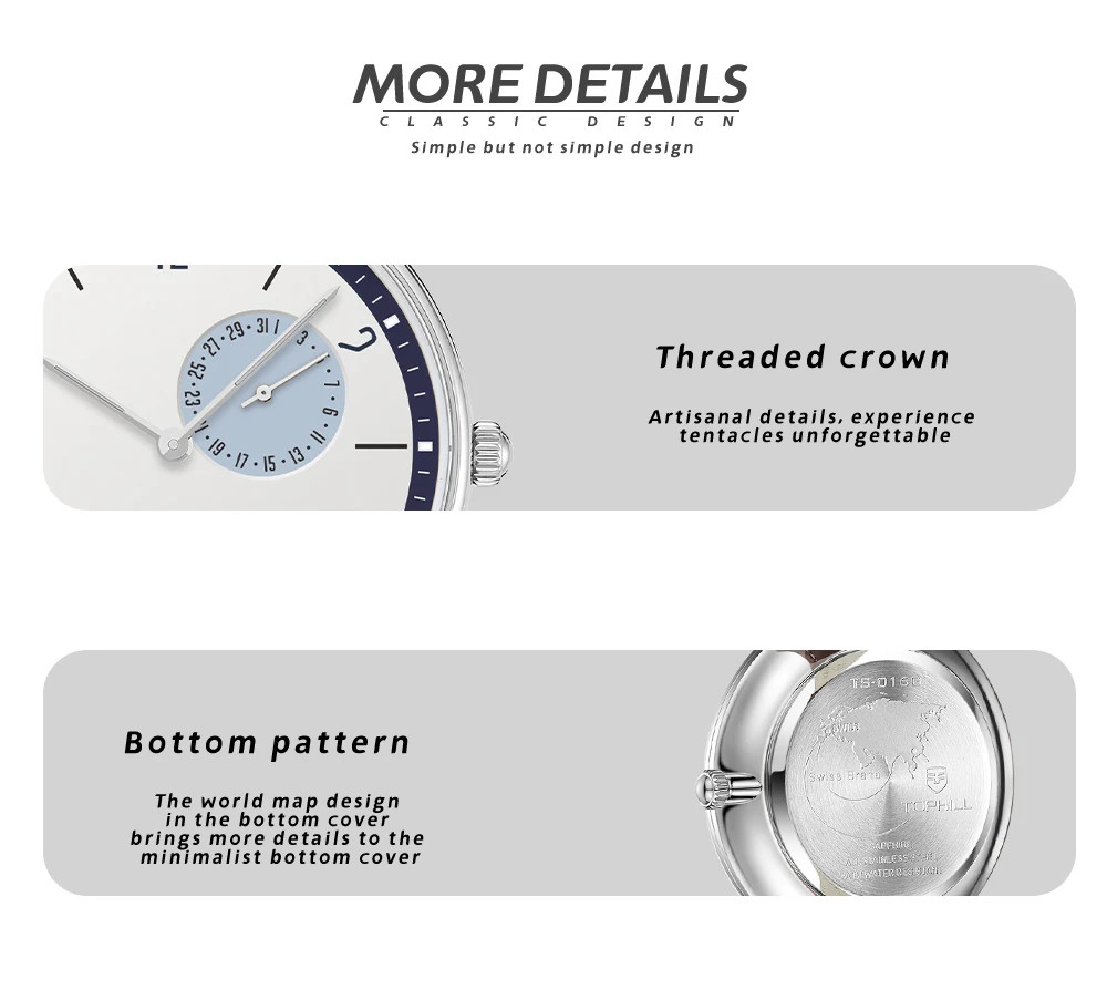 TOPHILL Bauhaus Quartz Watch — Minimalist Ultra-Thin Case, Slate & Crown